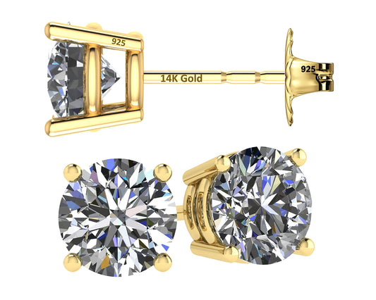 Central Diamond Center 14K Solid Gold Post & Sterling Silver 4 Prong CZ Stud Earrings - Yellow Gold Plated - 8.50mm - 5.00cttw