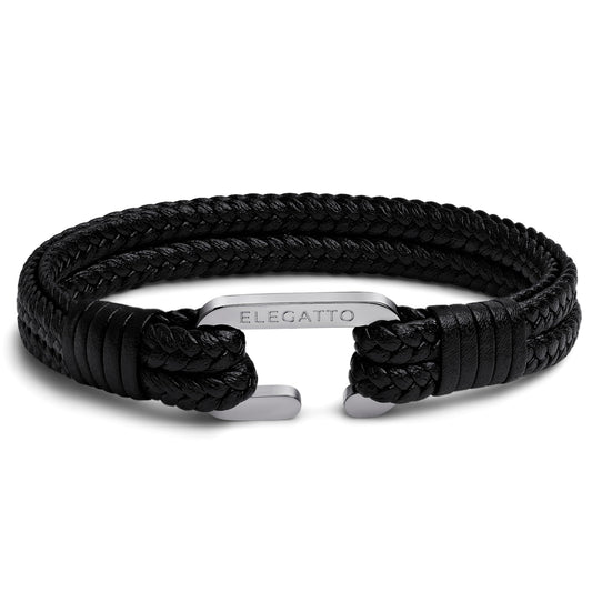 Elegatto Meraki Premium Double Braided Leather Bracelet for Men | Full-Grain Leather with Silver Polished Stainless Steel C-Clasp | Men’s Designer Bracelets