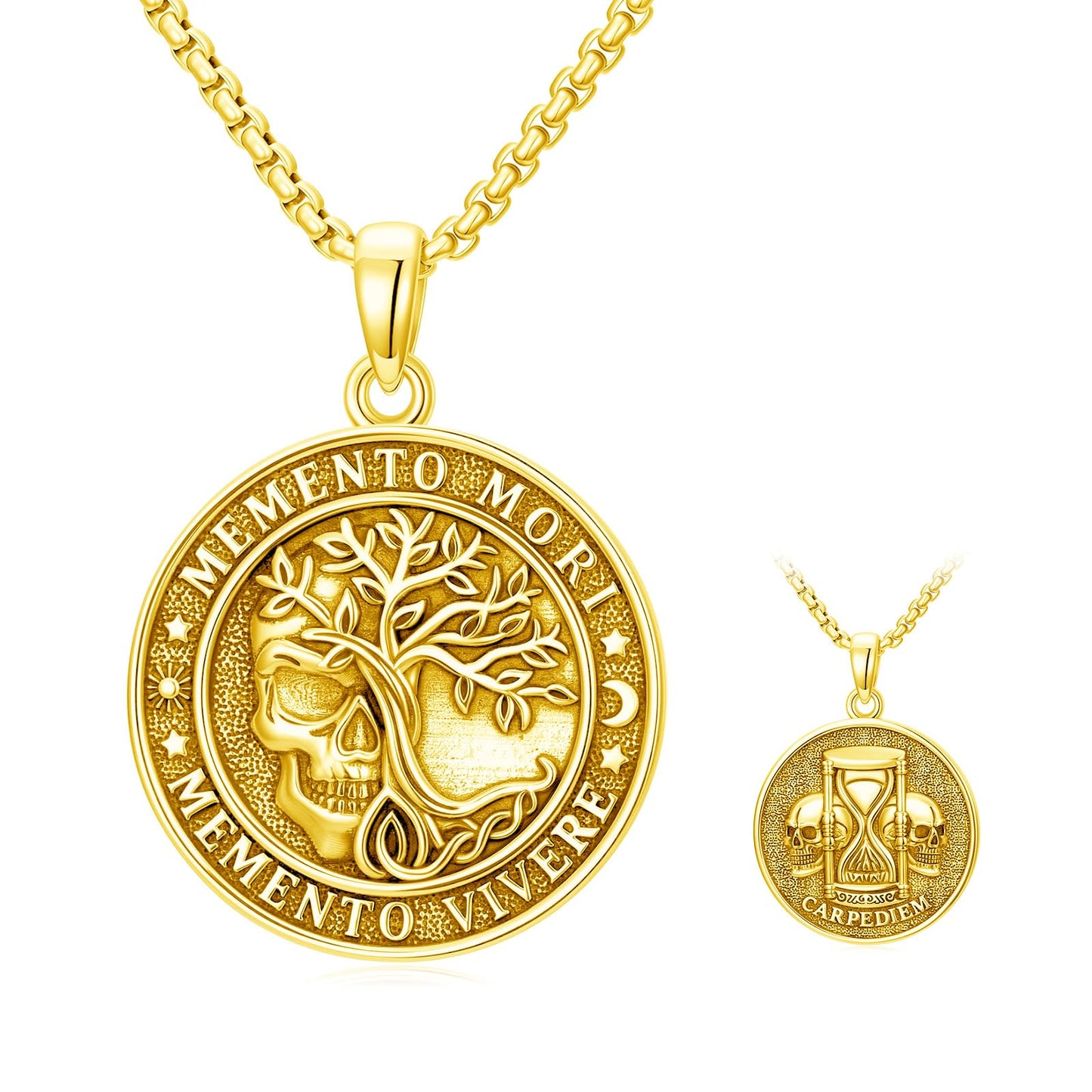 POIUY Memento Mori Gold Skull Necklace for Men and Women Gothic Tree of Life Hourglass Pendant Gothic Amulet Jewelry Protection Necklace Gift for Him Her Husband Wife