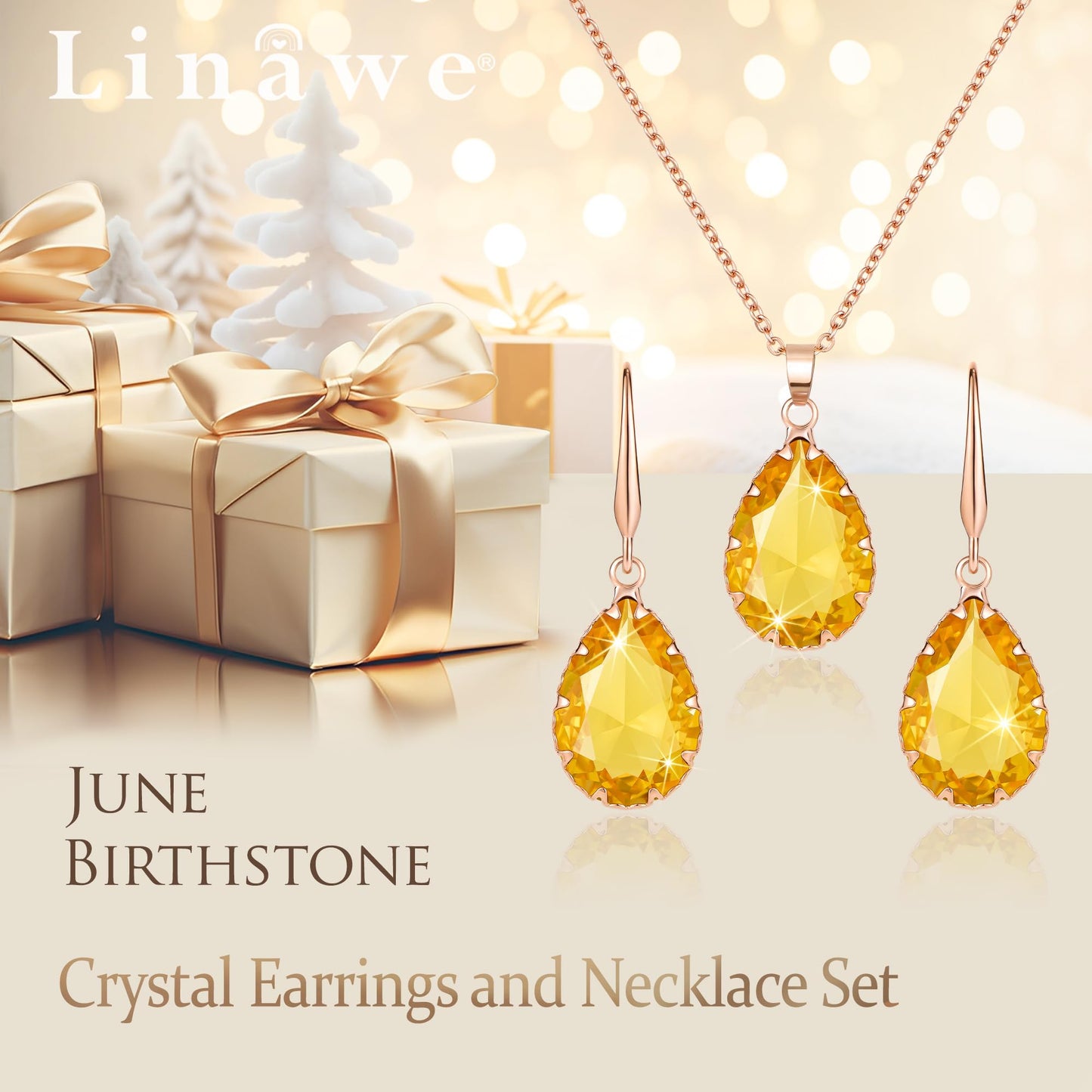 Linawe Yellow Costume Jewelry Sets for Women, Rhinestone Tear Drop Earring Set, Imitation Diamond Birthstone Crystal Pendant Necklace, Rose Gold Cubic Zirconia Women's Jewelry Sets