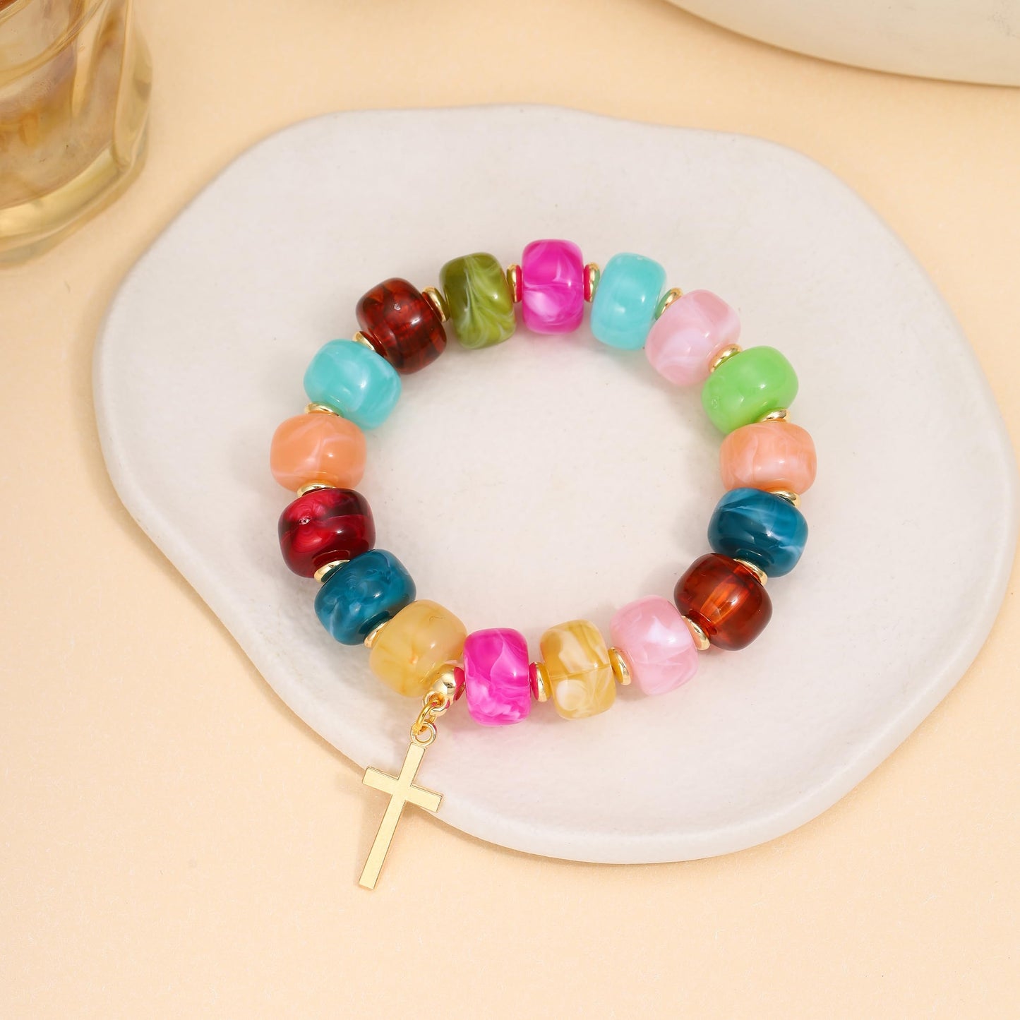 Coprall Colorful Beaded Bracelets Boho Jewelry for Women Multicolor Resin Chunky Cross Bracelet Summer Vacation Outfits Beach Gifts(Cross)