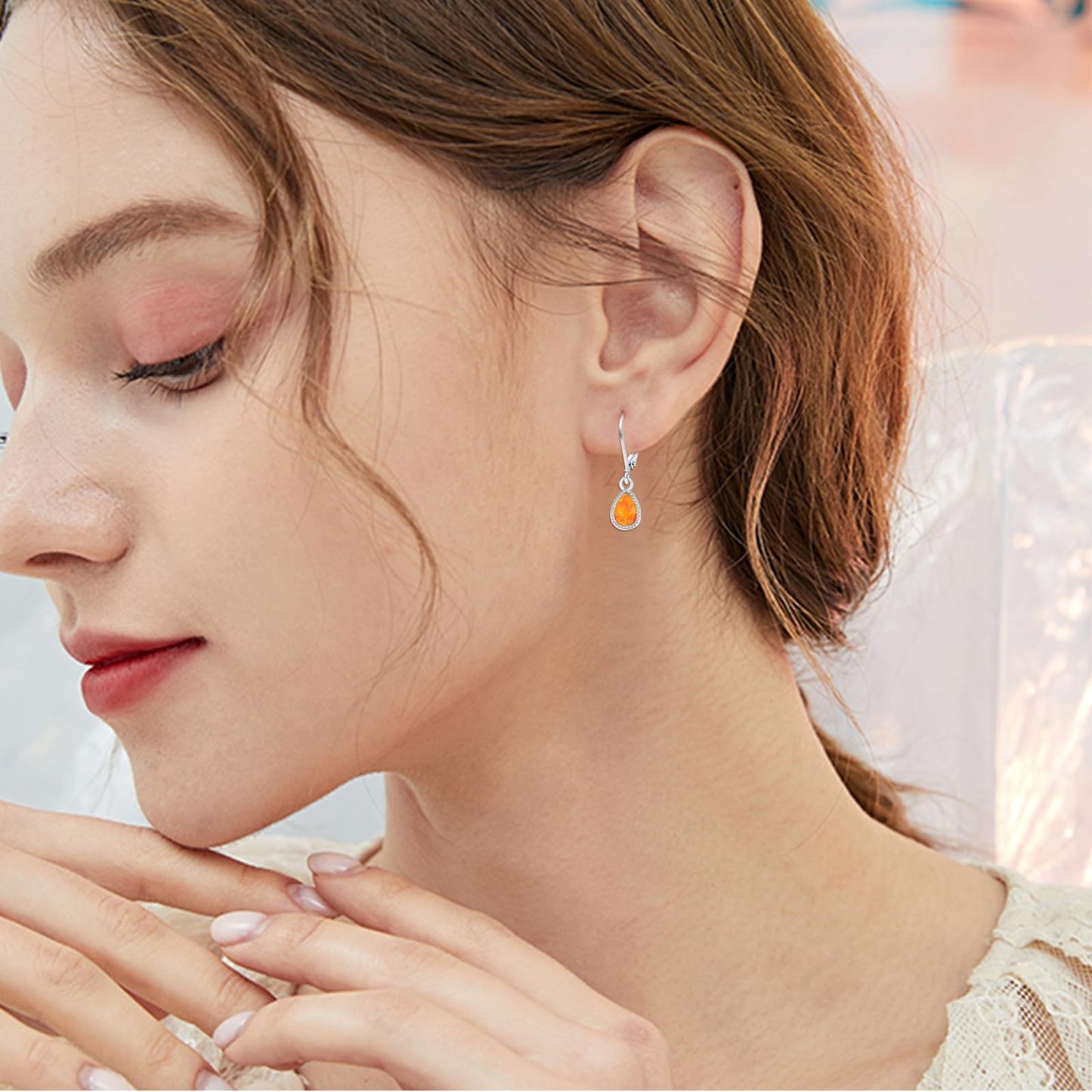 Teardrop opal Earrings, S925 Sterling Silver Orange Opal Drop Earring Jewelry for Women for Best Friend