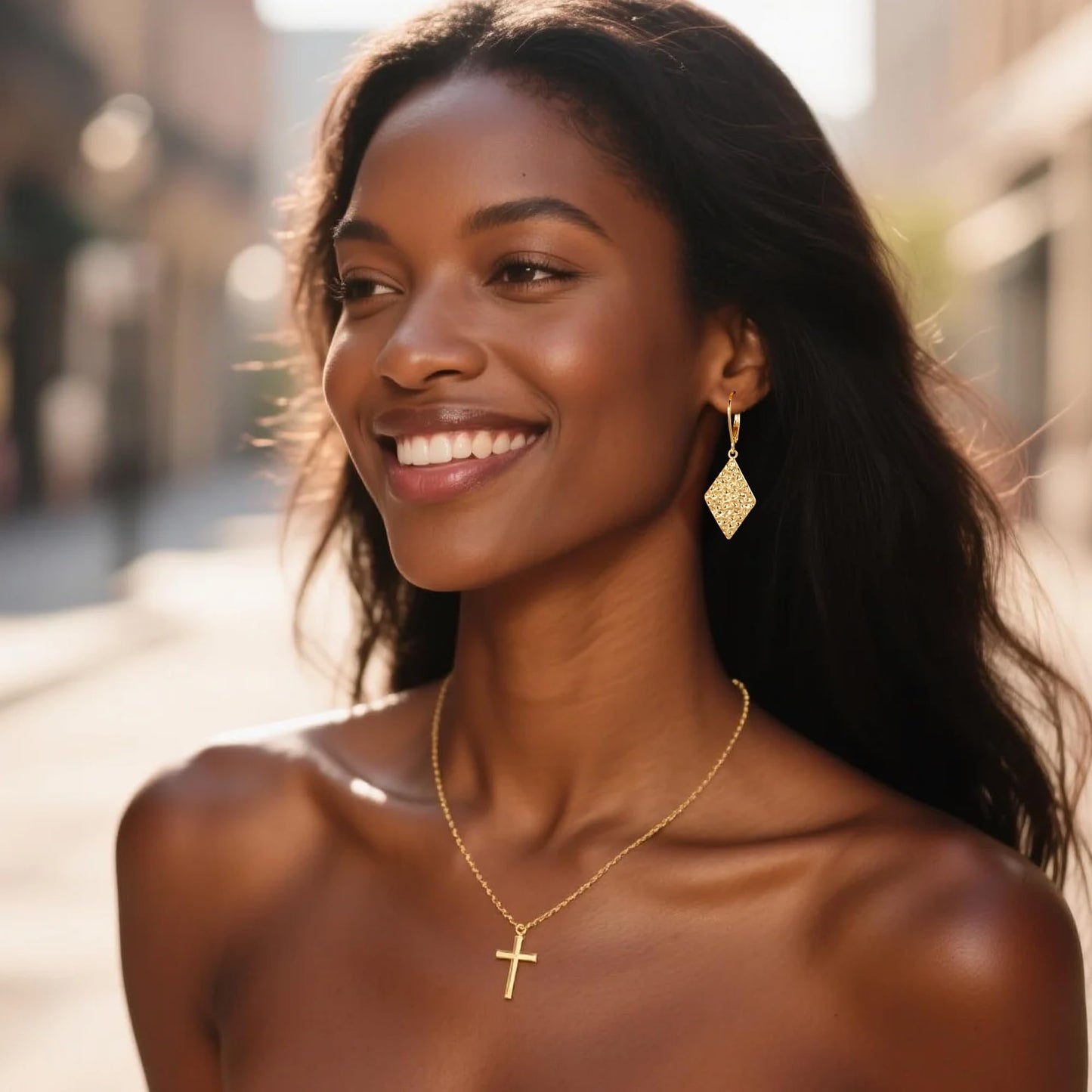 ALEXCRAFT Rhombus Gold Hammered Dangle Earrings for Women Hypoallergenic 14K Gold Drop Leverback Earrings Geometry Hammered Dangle Earings for Women Jewelry Gifts
