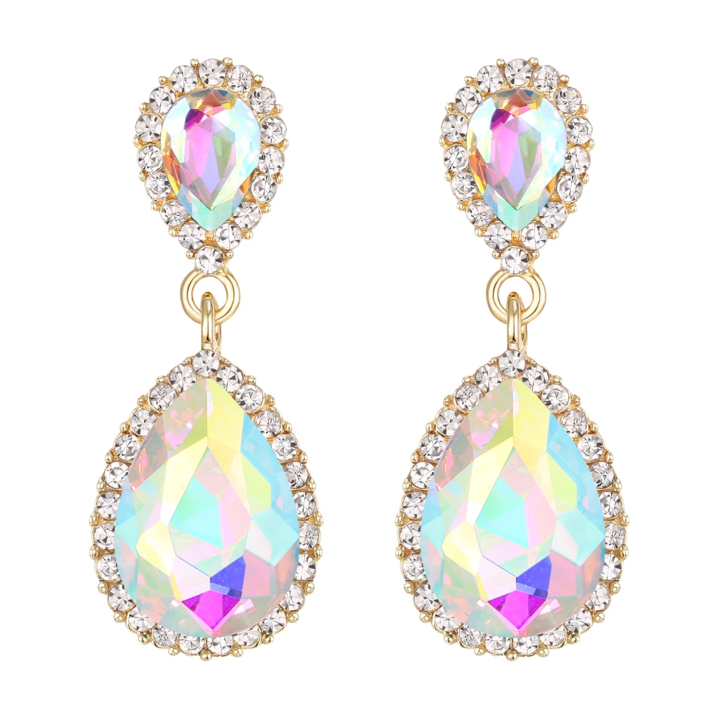 EVER FAITH Women's Austrian Crystal Wedding Tear Drop Dangle Earrings Iridescent AB Gold-Plated-Base