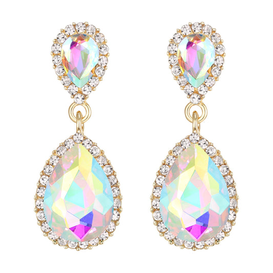 EVER FAITH Women's Austrian Crystal Wedding Tear Drop Dangle Earrings Iridescent AB Gold-Plated-Base