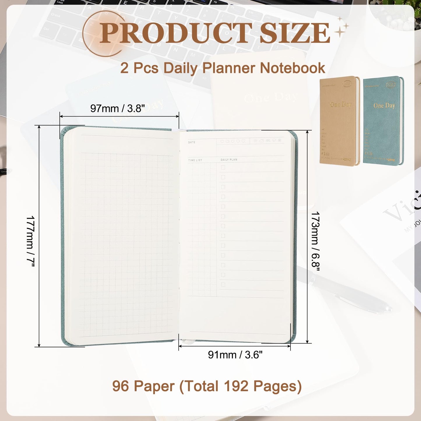 PATIKIL 2Pcs Planner Notebook, 7 x 3.8" 96 Sheets Undated Daily Planner Pocket to Do List Daily Weekly Goals Notebook for Office Home Study Work Time Management Habit Tracker, Green, Brown