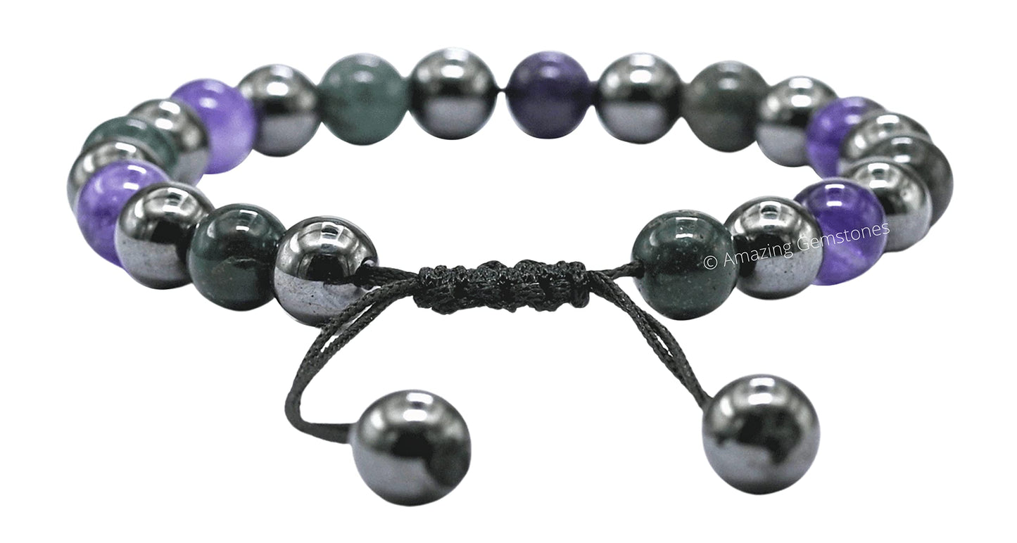 Amazing Gemstone Blood Pressure Control Bracelet - Bloodstone Amethyst Hematite Bracelet Set for Healing Calming Anxiety Stress Relief Gifts Pulseras Para Hombres Mujer Stocking Stuffers (Adjustable)