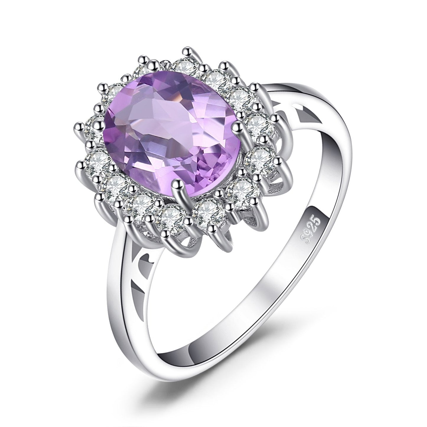 JewelryPalace Princess Diana Kate Middleton Gemstone 1.8ct Genuine Purple Amethyst Halo Statement Engagement Rings for Women, 14K White Gold Plated 925 Sterling Silver Promise Rings for Her 10.5