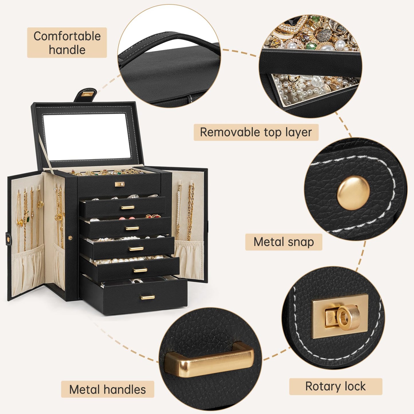 AKOZLIN 6-Tier Jewelry Box Organizer Functional 5 Drawers Leather Jewelry Storage Case for Women Girls Ring Necklace Earring Bracelet Holder Organizer with Mirror Black