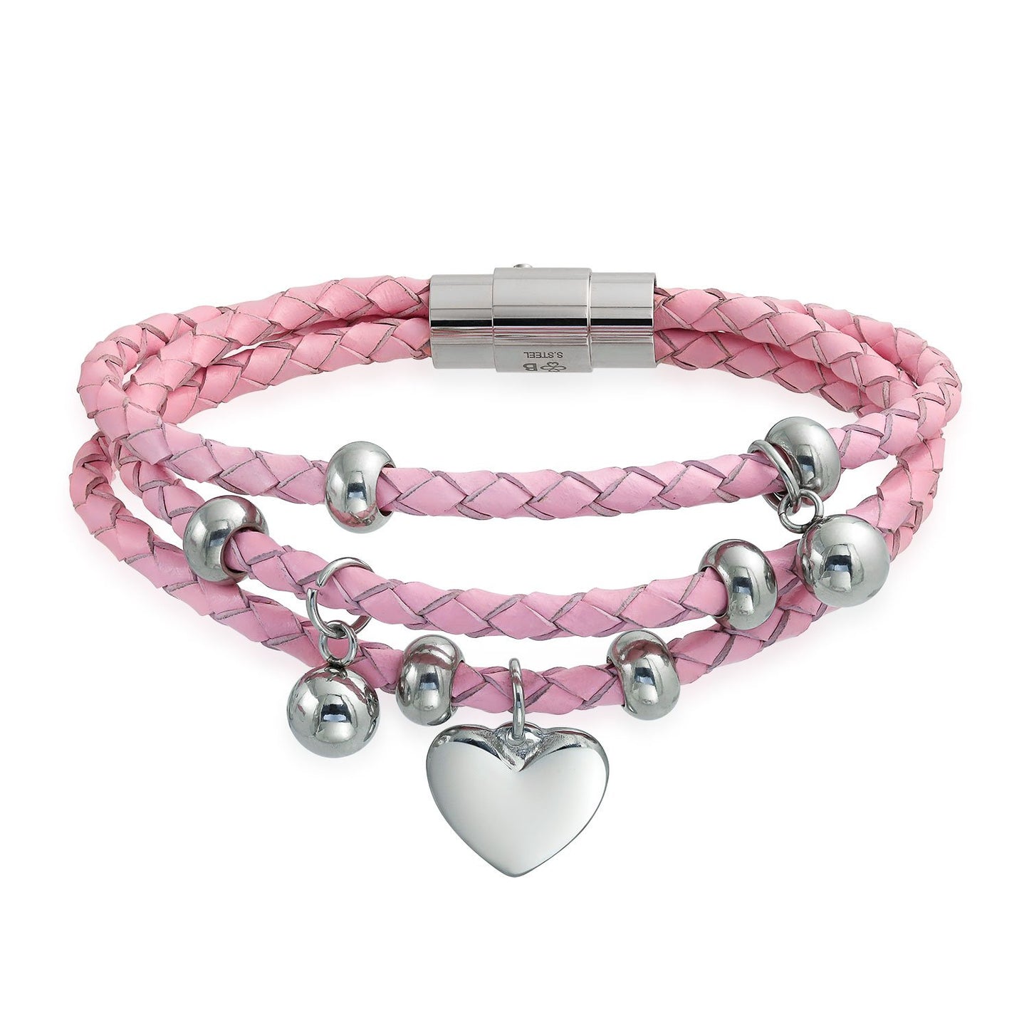 Bling Jewelry Braided Leather Bracelet Pink Heart Charm Double Strand Bracelet Stainless Steel