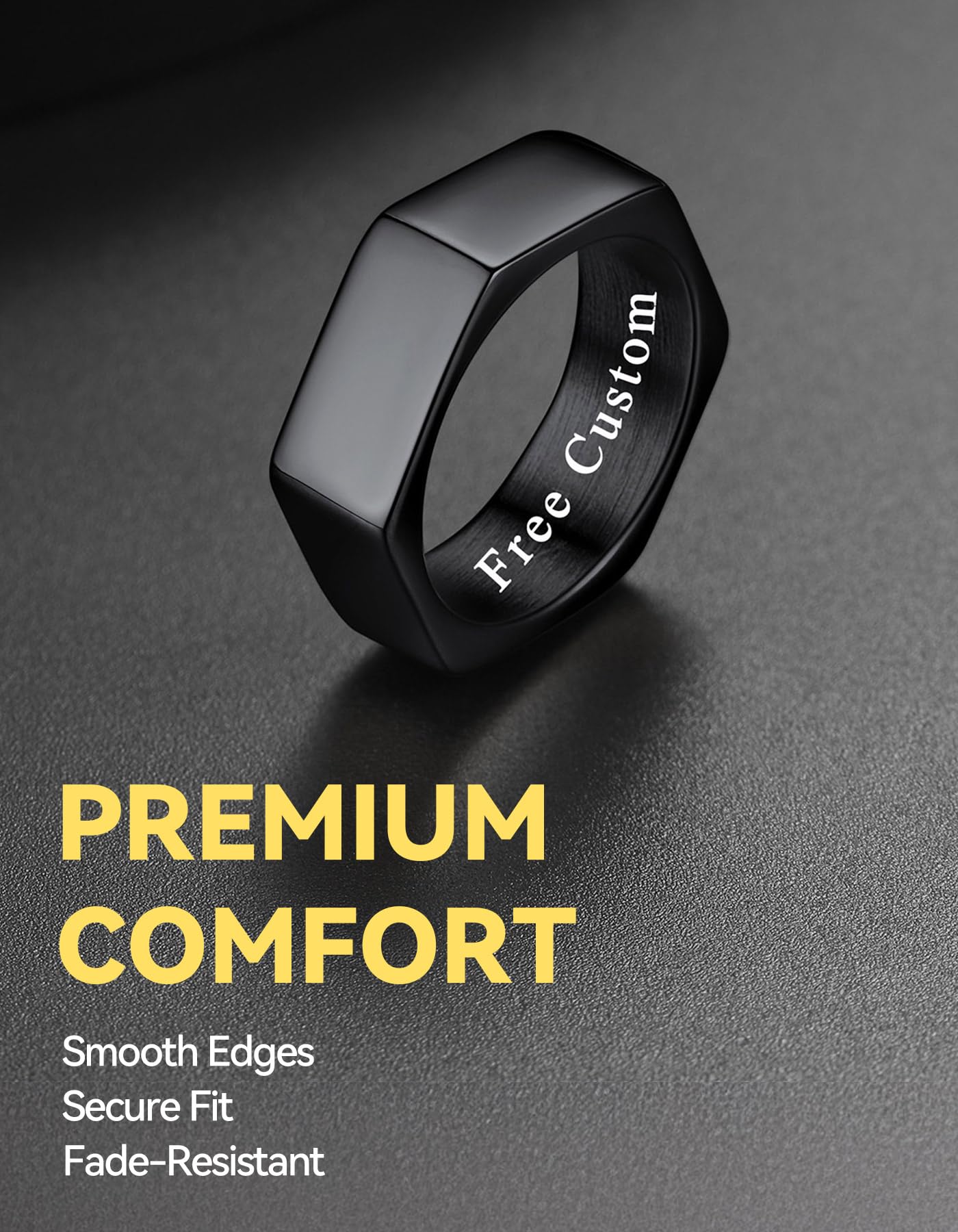 ChainsHouse Personalized Engravable Stainless Steel Black Hexagon Geometric Biker Ring Bands, Size 14
