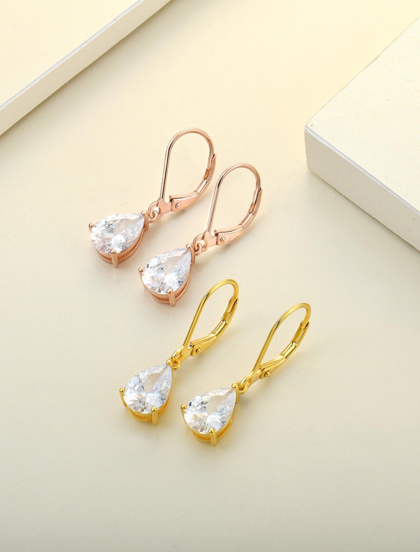 YL 925 Sterling Silver Teardrop Dangle Drop Earrings for Women 7x10 MM Solitaire Cubic Zirconia Leverback Jewelry with 18K Rose Gold Plated