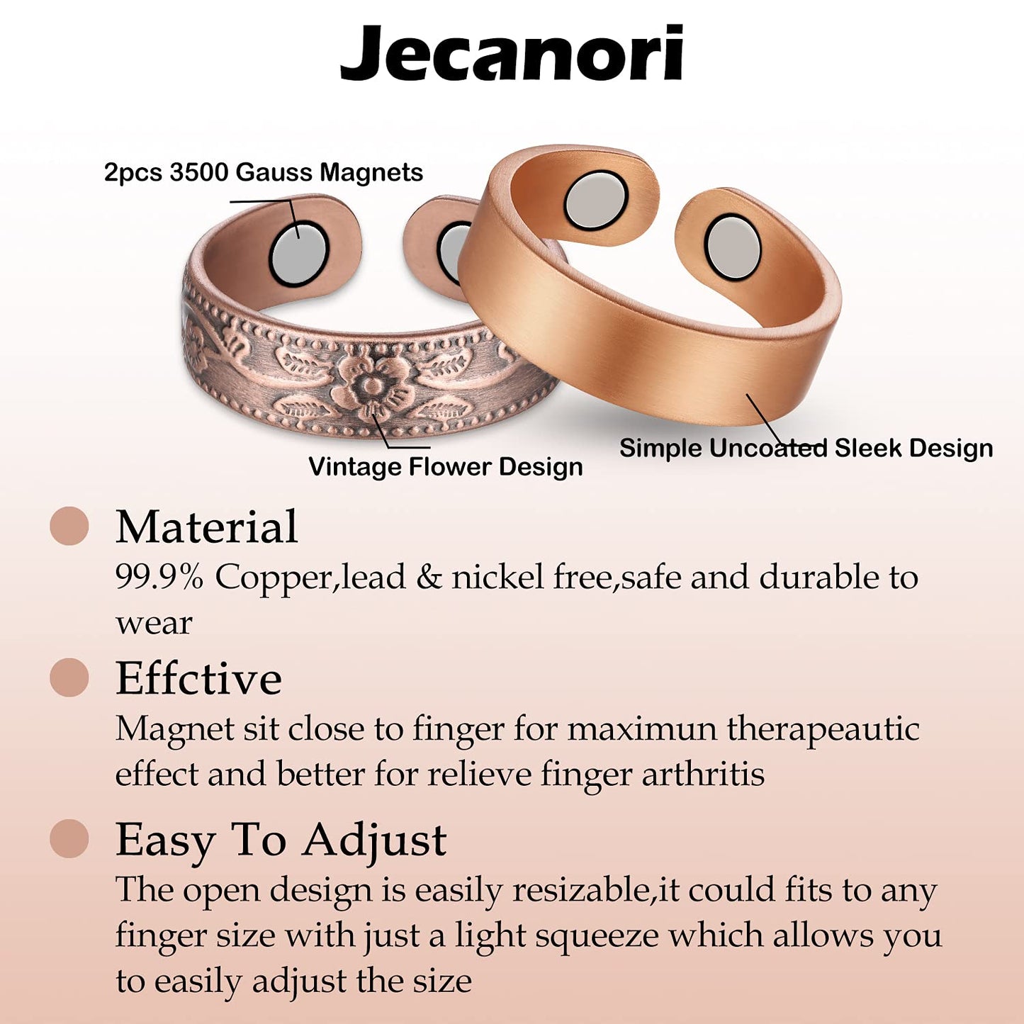 Jecanori 4PCS Copper Magnetic Rings for Women Men Magnetic Therapy for Arthritis Pain Relief Pure Copper Ring with 3500 Gauss Magnet,Lymphatic Drainage Therapeutic Magnetic Ring