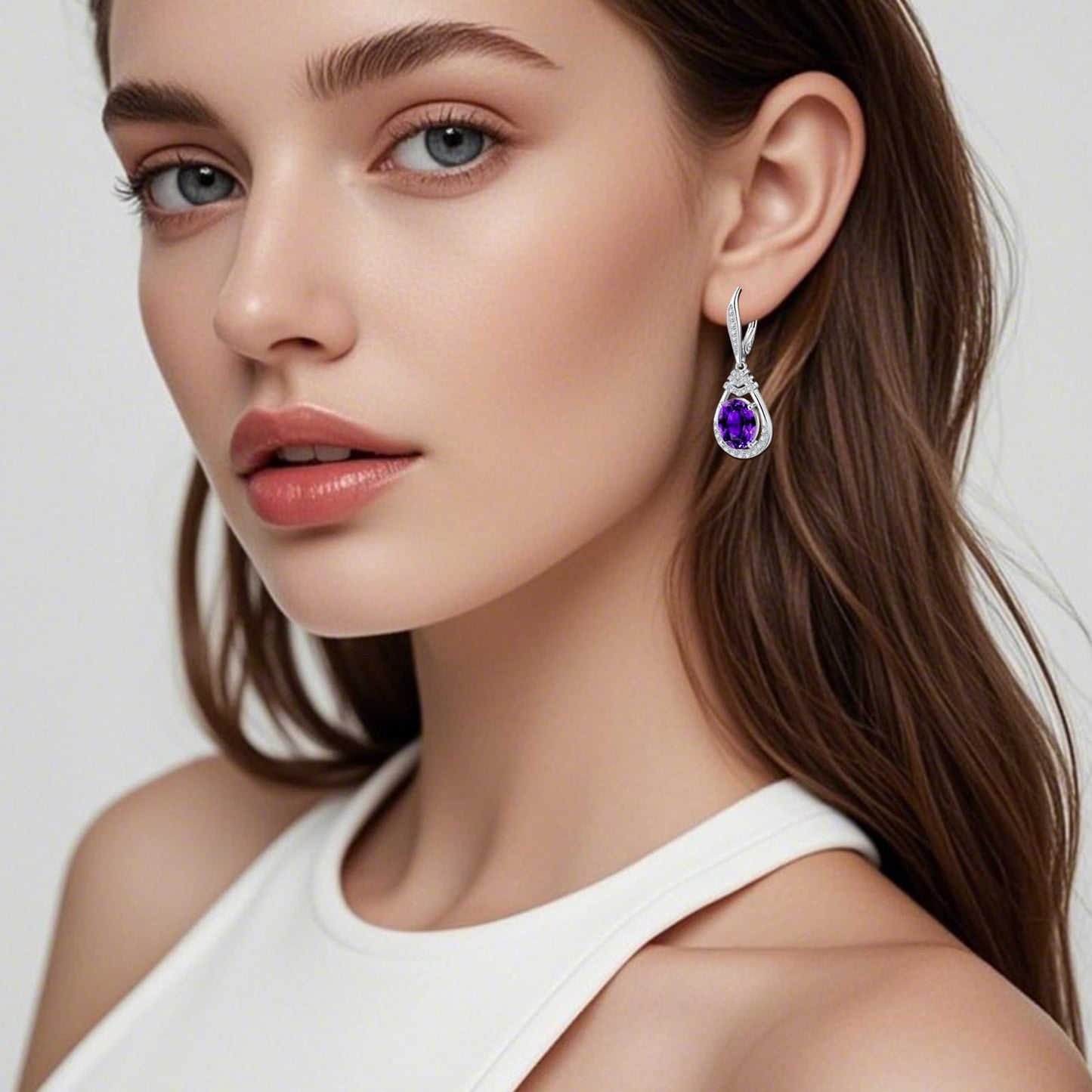 Valentine's Day Gifts for Women |18K G Plated Sterling Silver Birthstone Teardrop Leverback Drop Earring for Women Lady | Wedding Jewelry Gifts for the Bride | Hypoallergenic Oval Cut CZ Earrings (Silver-02-Feb.-Amethyst)