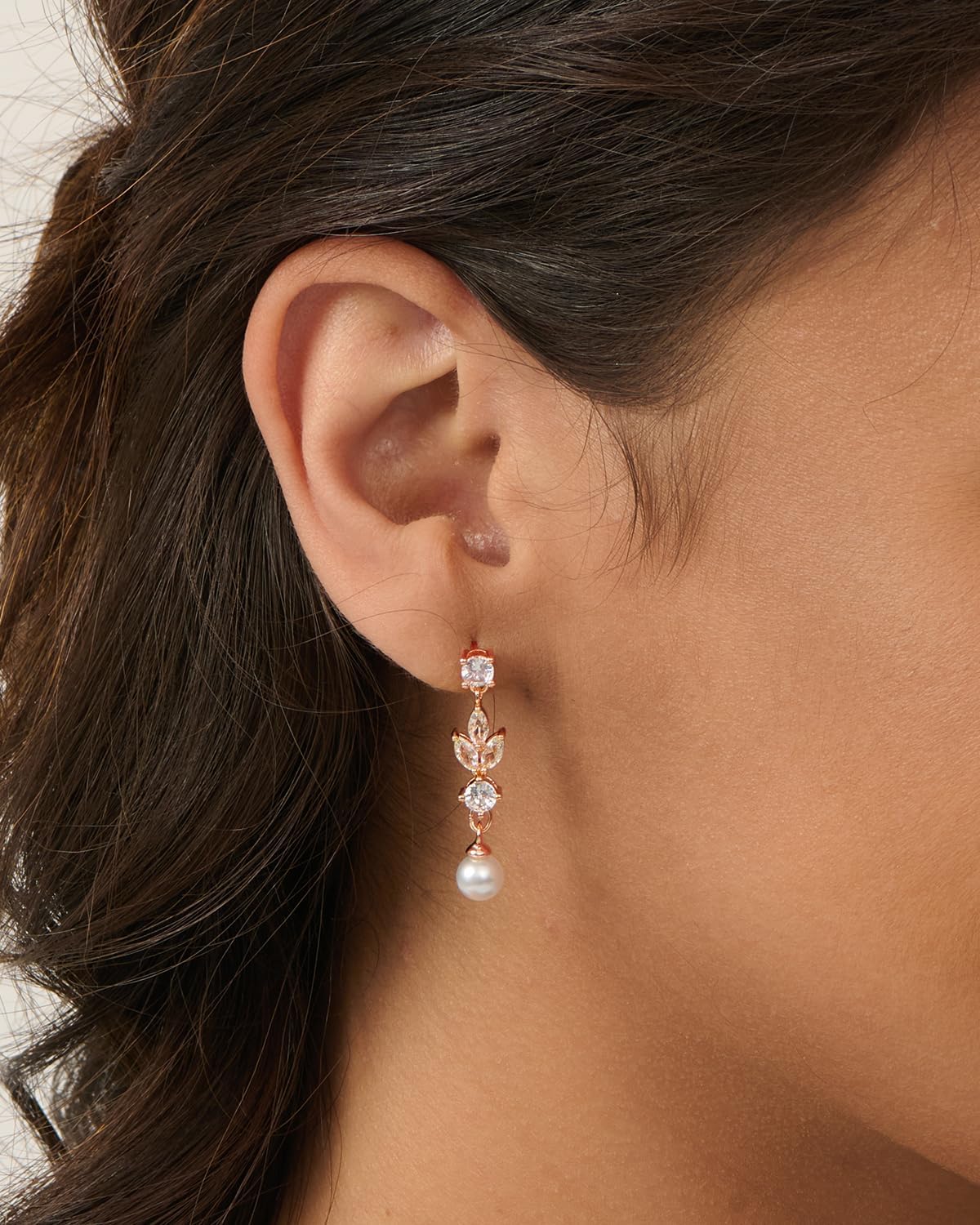 PRTGL Pearl Earrings: 14k Rose Gold Plated Cubic Zirconia Accented Pearl Dangle Wedding Engagement Earrings For Women Bridal Bridesmaid (Leaf Designed)