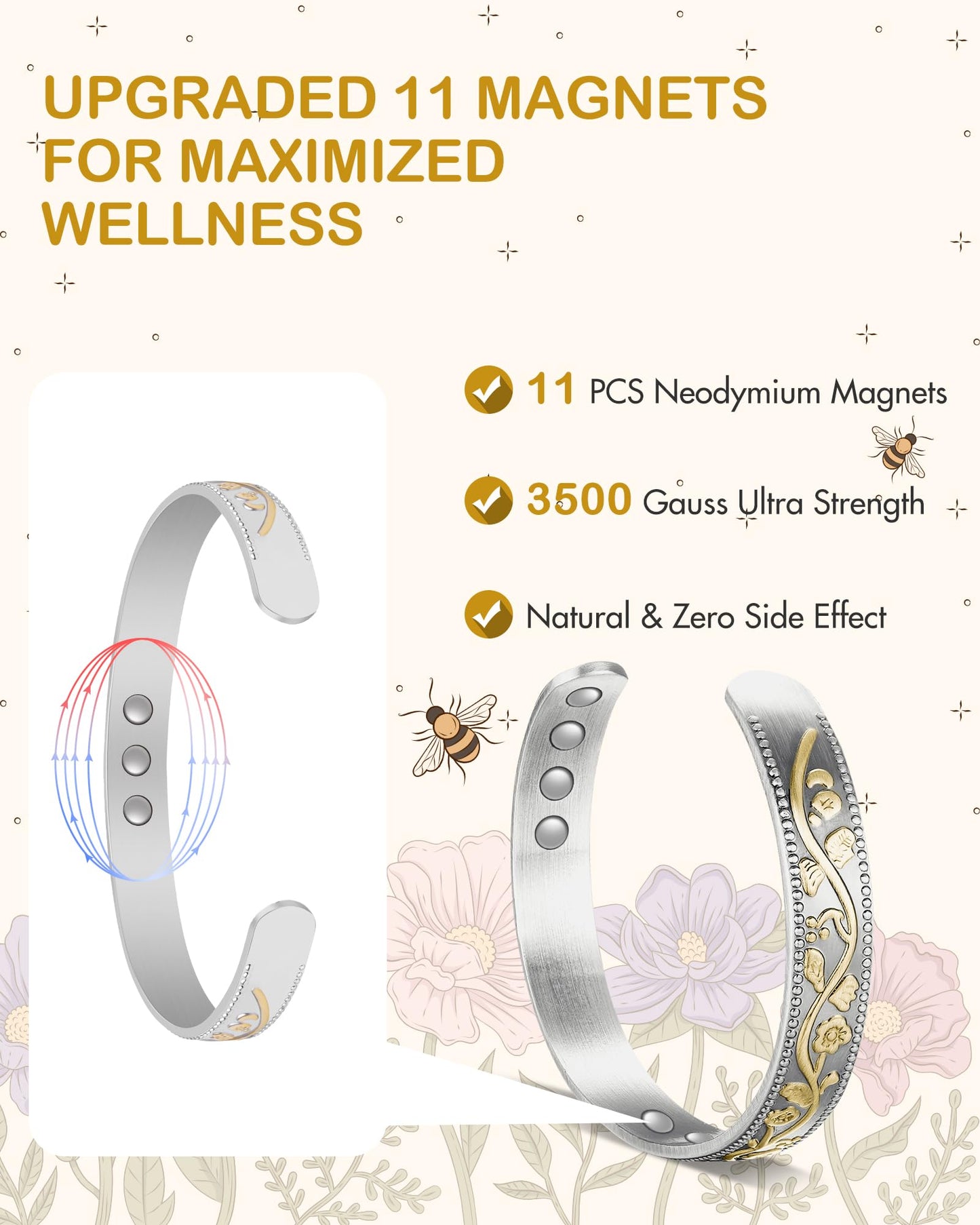 Feraco Copper Bracelet for Women, Ultra Strength Magnetic Bracelets, 99.99% Pure Copper Cuff Bangle with 3500 Gauss Neodymium Magnets, Adjustable (Silver & Gold)