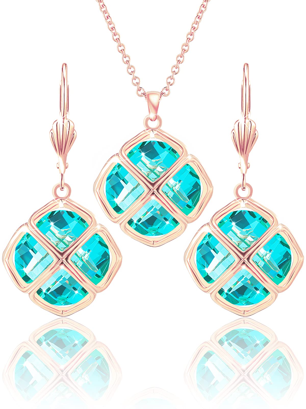 Qinpan 14MM Crystal Pendant Dangle Necklace Earrings Sets for Women Glod Plated Costume Jewelry, 38*17.8mm, Rose Gold, Cubic Zirconia