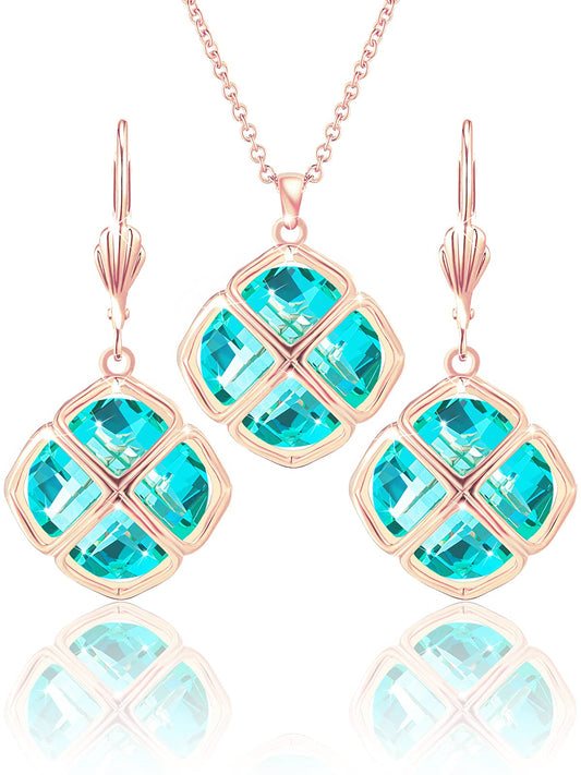 Qinpan 14MM Crystal Pendant Dangle Necklace Earrings Sets for Women Glod Plated Costume Jewelry, 38*17.8mm, Rose Gold, Cubic Zirconia