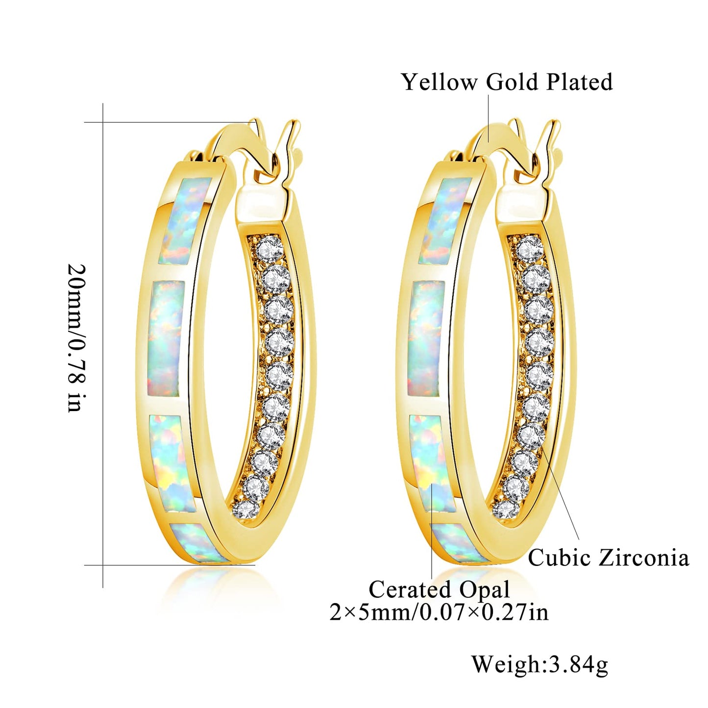 CiNily Hoop Earrings for Women Hypoallergenic Yellow Gold Plated White Diamond Statement Earrings Small Hoop Earrings Jewelry Opal Ear Hoops Gemstone Round Hoops for Ladies 20 mm
