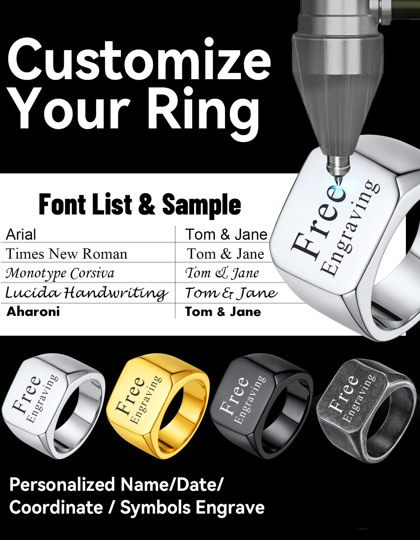 ChainsHouse Personalized Signet Rings Stainless Steel Biker Ring for Men Women, Solid Polished Statement Hip Hop Custom Thumb Ring, Size 9