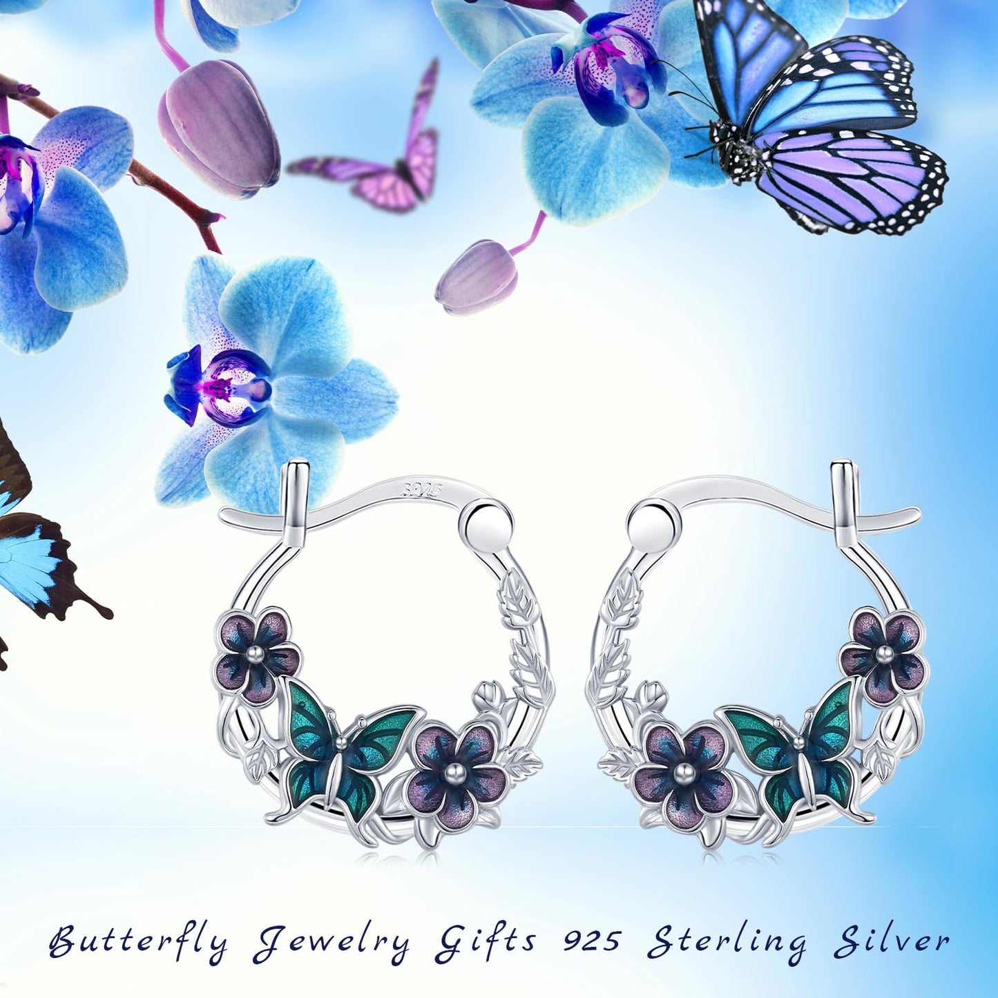 JUSTKIDSTOY Butterfly Earrings 925 Sterling Silver Purple Flower Hoop Earrings Jewelry Butterfly Graduation Gifts for Women Daughter Her
