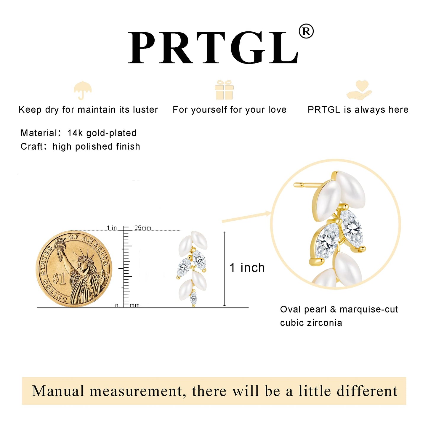 PRTGL Pearl Drop Earrings - 14K Gold Plated Cubic Zirconia Accented for Women Wedding Bridal