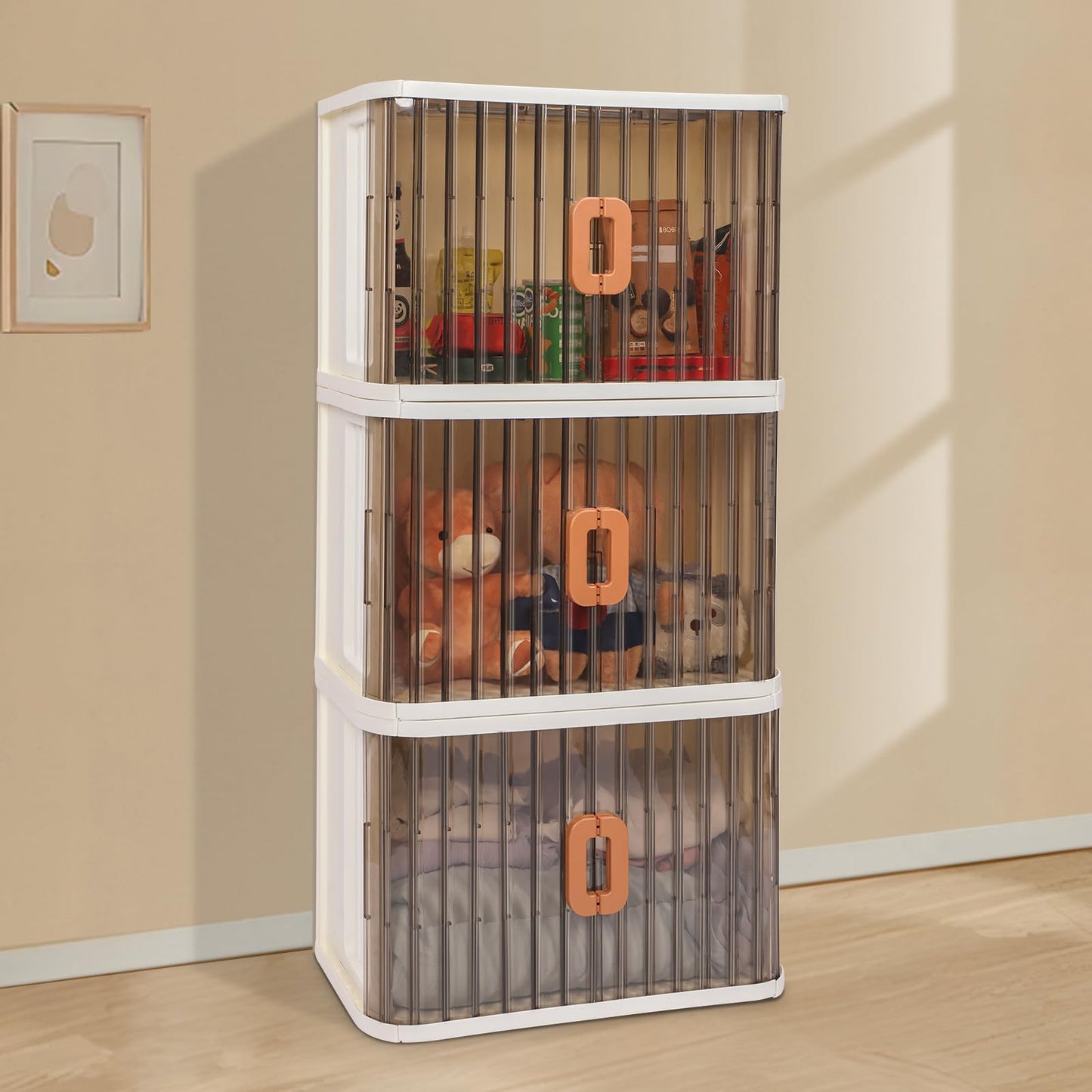CIWEI Foldable Storage Cabinet with Wheels, 3 -Tier Stackable Storage Bins with Doors and Wheels Adjustable Shelves for Kids Free Standing Shoe Shelf Cabinet for Kitchen Bathroom