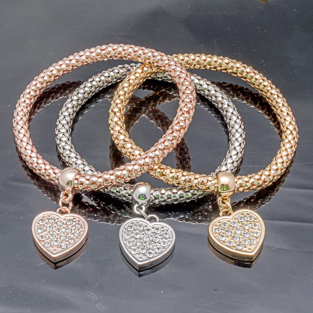 SILANER Crystal Charms Multilayer Bracelets - 3PCS Gold/Silver/Rose Gold Corn Chain Bracelet for Women, Tree of Life Heart Shaped Stretch Bracelet (PAVE CRYSTAL HEART CHARM)