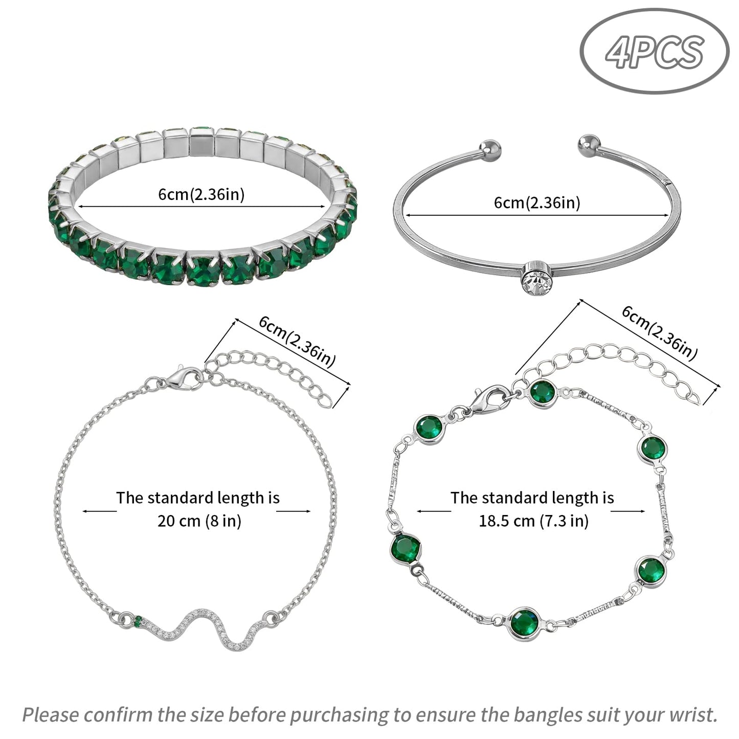 VEINARDYL Silver Birthstone Bracelets for Women, Green Birthstone Layered Jewelry Cuff Silver Plated Bangles, Open Adjustable Bracelets Fashion Accessories Jewelry Set for Mothers Day Gifts