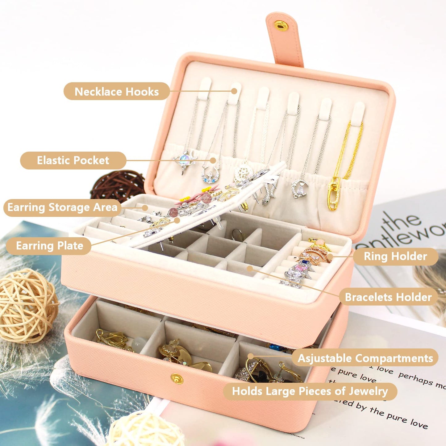 KOOAAICCHI Small Jewelry Box, Travel Jewelry Organizer, Portable Jewelry boxes for Women Girls Gift, Double Layers PU Leather Jewelry Holder for Rings, Earrings, Necklaces-Pink