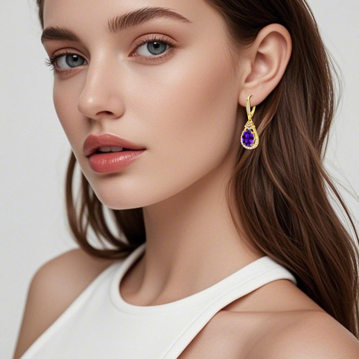 Purple Amethyst Earrings for Women 18K Gold Plated February Birthstone Teardrop Dangle Earrings Sterling Silver Leverback Drop Formal Earrings Evening Wear Birthday Gifts