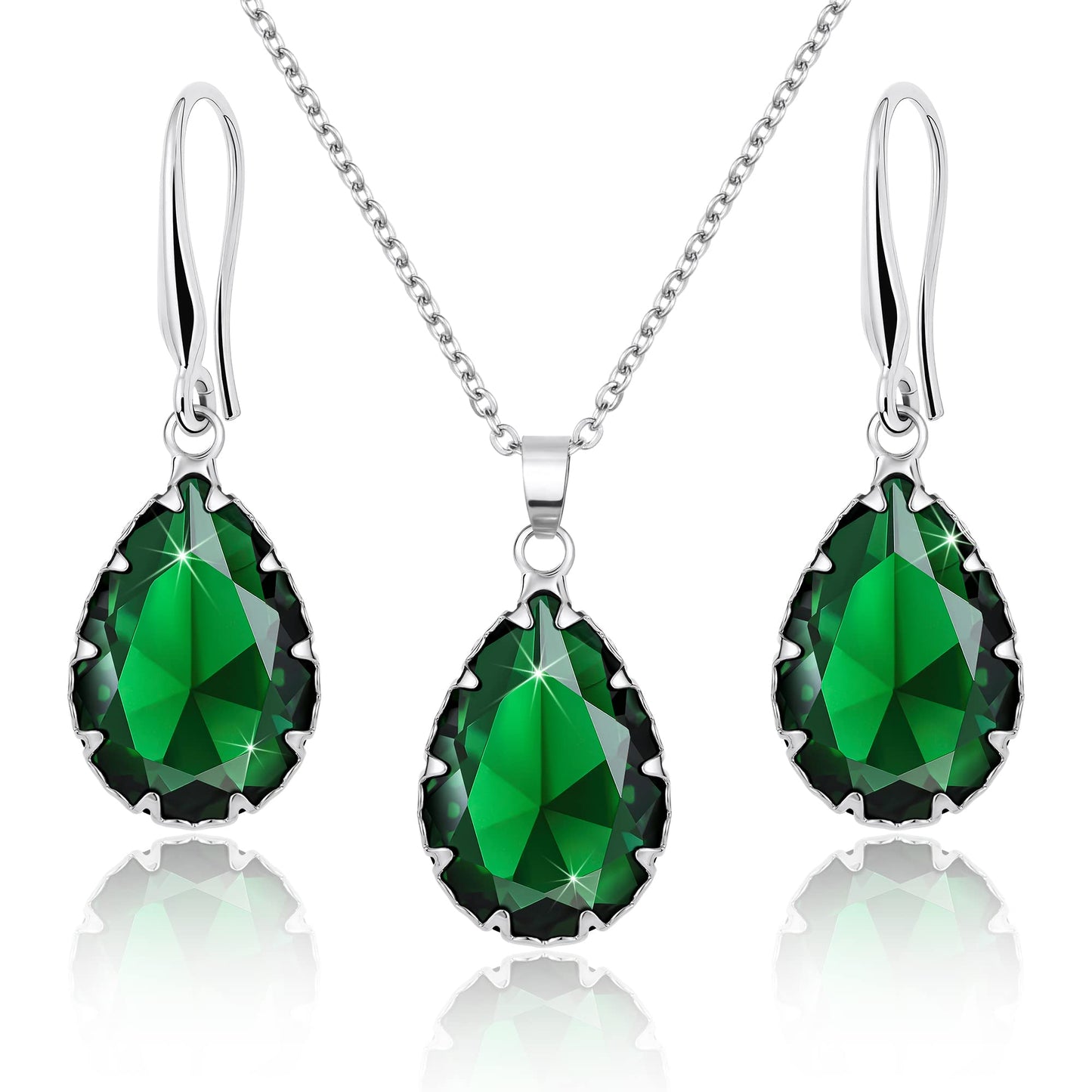 Linawe Emerald Crystal Imitation Diamond Jewelry Sets for Women, Silver Pendant Matching Necklace Set, Green Drop Dangle Earrings Set, Boho Rhinestone Teardrop Jewelry Wedding Bridal Bridesmaid
