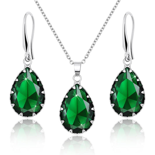 Linawe Emerald Crystal Imitation Diamond Jewelry Sets for Women, Silver Pendant Matching Necklace Set, Green Drop Dangle Earrings Set, Boho Rhinestone Teardrop Jewelry Wedding Bridal Bridesmaid