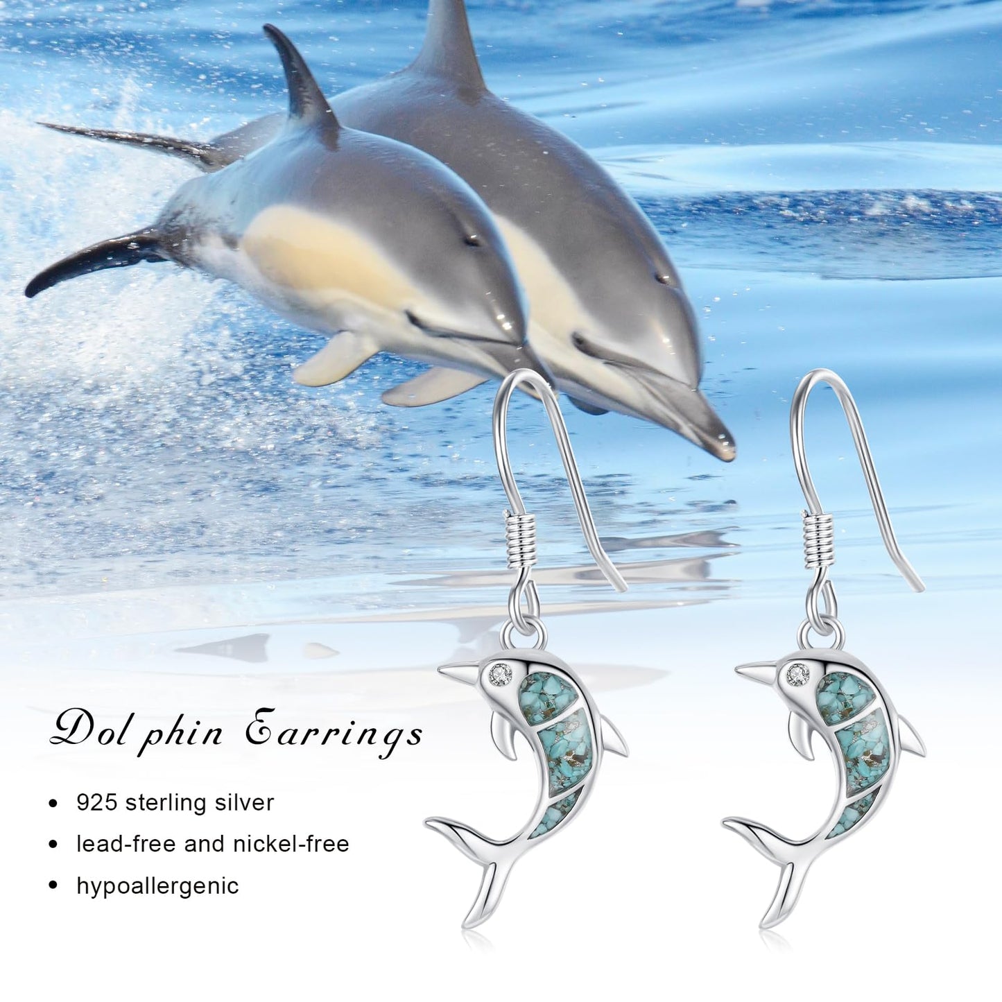Dolphin Earrings for Women 925 Sterling Silver Turquoise Sea Animal Dangle Drop Earrings Beach Themed Ocean Jewelry Dolphin Gifts for Daughter