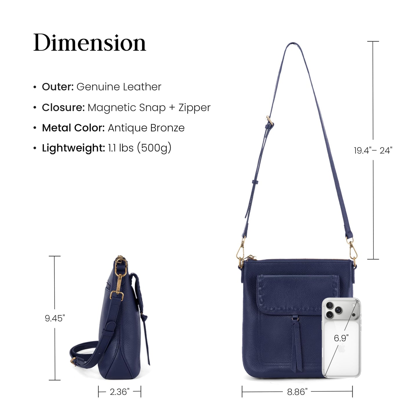 befen Navy Blue Genuine Leather Crossbody Purse for Women, Small Crossbody Bag with RFID Card Slots, Anti Theft Multi Pocket Shoulder Bag for Travel Daily Use