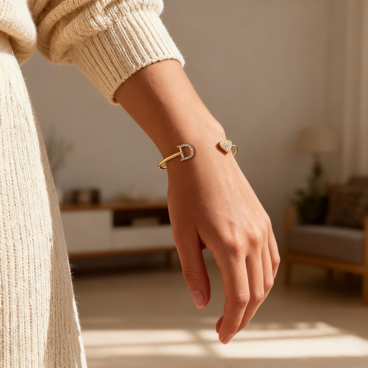 BXDA Trendy Gold Plated Heart Initial D Cuff Bangle Bracelet for Women, Handmade Statement Cubic Zirconia Stackable Open Letter Bracelets Fashion Jewelry Accessories Gift