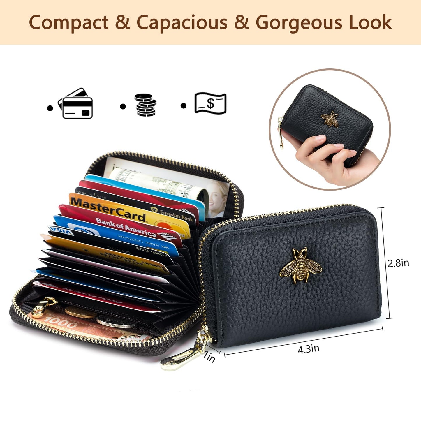 imeetu RFID Credit Card Holder, Small Leather Zipper Card Case Wallet for Women (Lite,Olive Green)