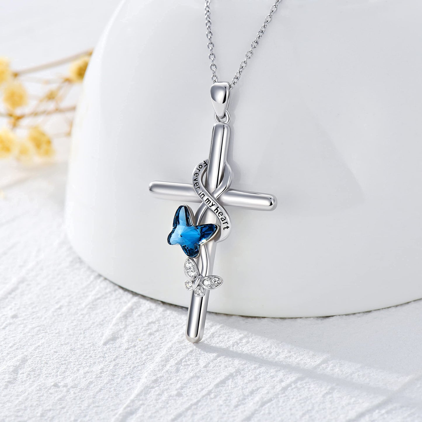 Flpruy Butterfly Cross Necklace 925 Sterling Silver for Women Forever in My Heart Crystal Butterfly Cross Necklace