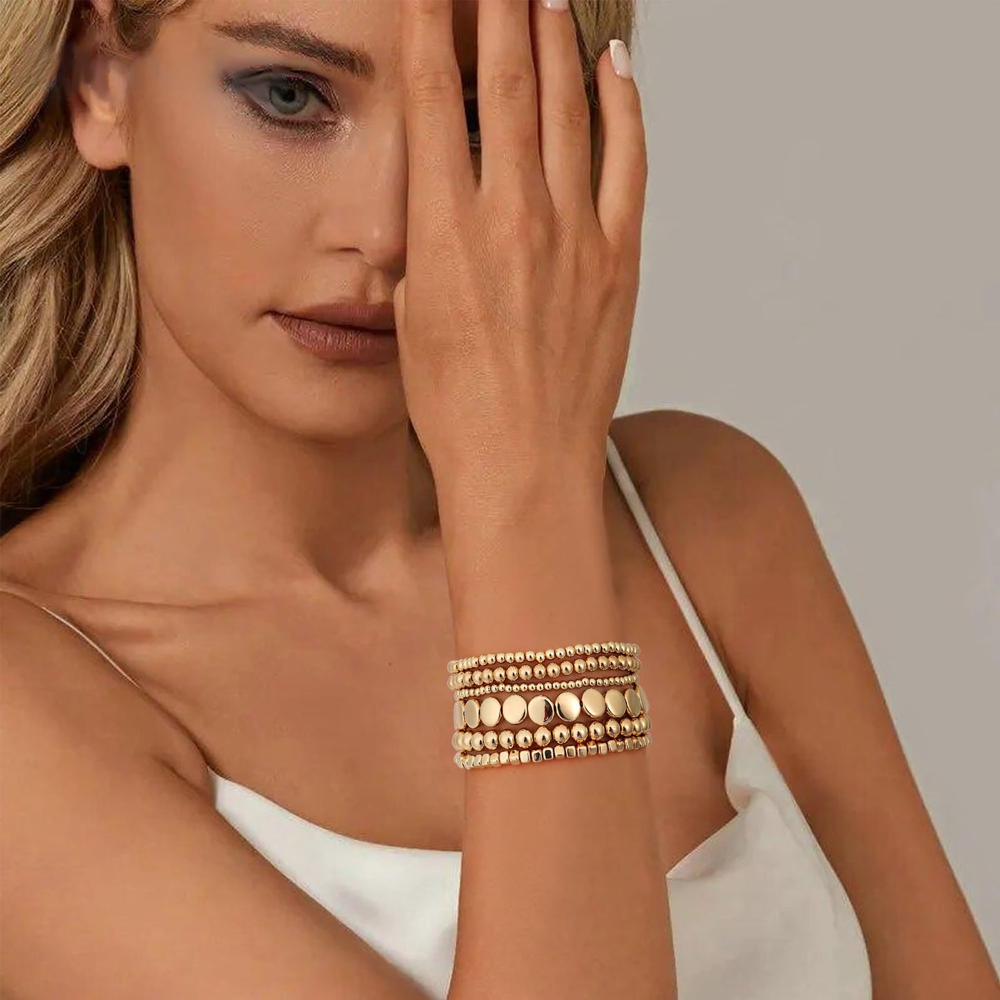 Sajidos Gold Plated Beaded Bracelets for Women Trendy, 14K Gold Plated Stack Cross Pearl Gold Plated Bead Stretch Bracelets Set Elastic Hypoallergenic Bracelets Jewelry Gifts (style12-1)