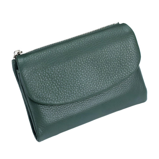 Unisex Pebble Leather Wallet, 5.3In Short Genuine Leather Coin Card Holder, Two zippered pockets, Unisex Clutch Bags, Can Hold Coins, Cards, Id Cards (Green)