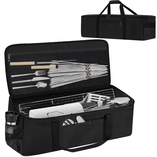 CSOKRE Grill Tool Storage Bag, Outdoor BBQ Utensil Storage with Pockets for BBQ Tools up to 22", Large Grilling Utensil Holder Storage Caddy, Barbecue Tool Sets Case for Camping Picnic,Bag Only,Black
