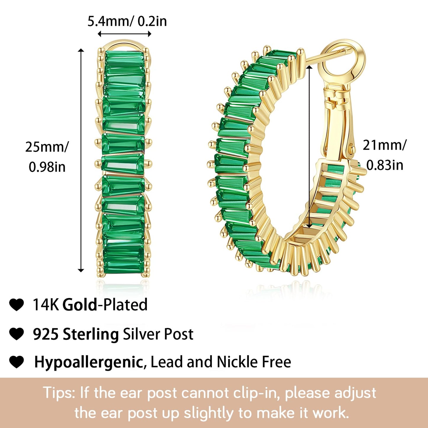 GLOQUAT Gold Green Hoop Earrings St Patrick's Day Earring Accessories for Women Cubic Zirconia Hoops for Irish Festival Trendy Baguette Hoop Earring Womens Emerald Green St Patty's Jewelry Gifts 25mm