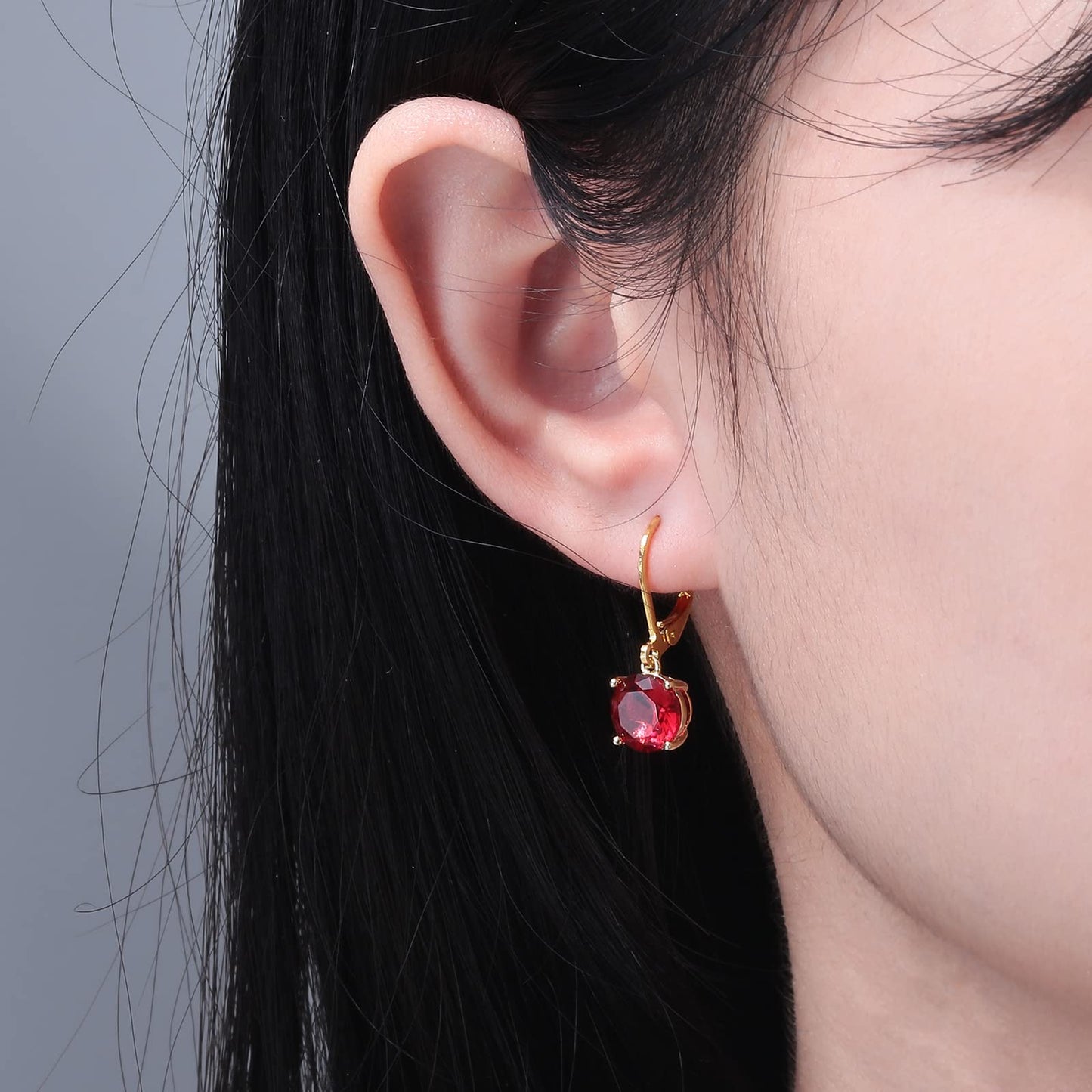 CiNily Leverback Dangle Earrings for Women Ladies Red Cubic Zircon Pendant Earrings 14K Gold Plated Hypoallergenic Crystal Drop Earrings for Sensitive Ears Jewelry 8 mm