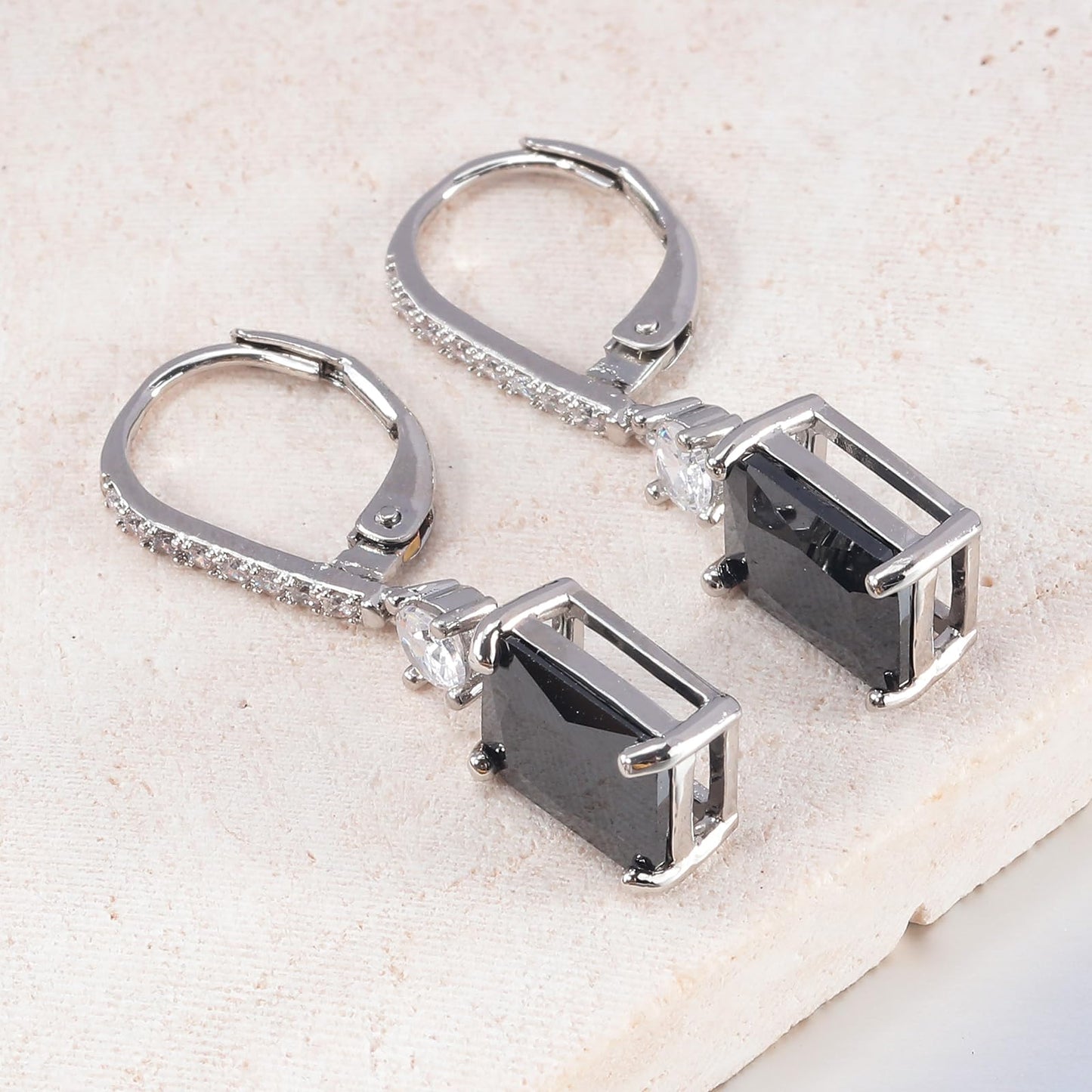 CiNily Leverback Earrings for Women Rectangular-cut Drop Dangle Earrings Hypoallergenic, 14K White Gold Plated Black Cubic Zircon Earrings Diamond Dangle Earrings Jewelry for Sensitive Ear
