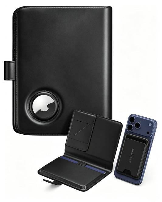 Stouchi AirTag Passport Holder, Passport Holder for Travel Men with Detachable Magnetic Card Case, RFID-blocking, 1-Second Pull Strap & One-Hand Access, Premium Vegan Leather Travel Document Organizer