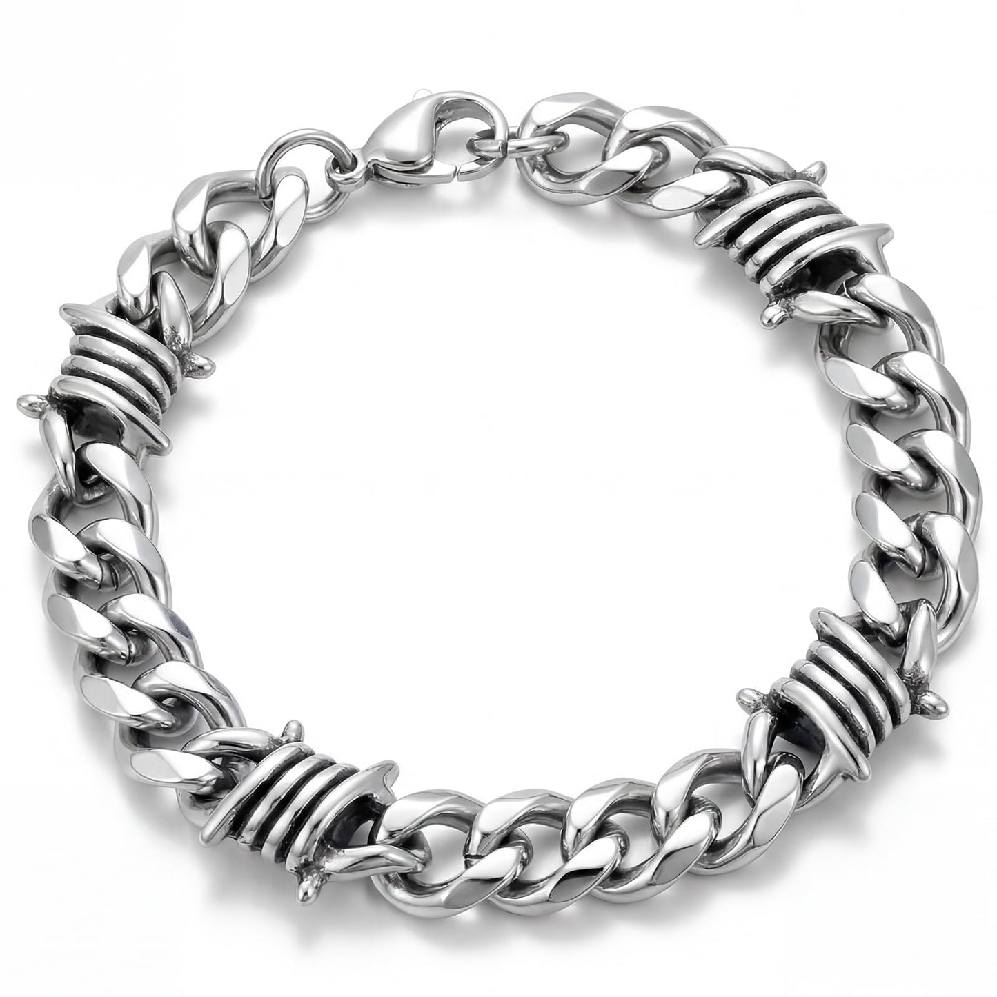 LuxGoth Stainless Steel Barbed Wire Thorns Chunky Cuban Link Chain Bracelet Gothic Punk Rock Biker Vintage Viking Brambles Link Curb Bracelet Jewelry for Men Women Silver GTS-B1B45057