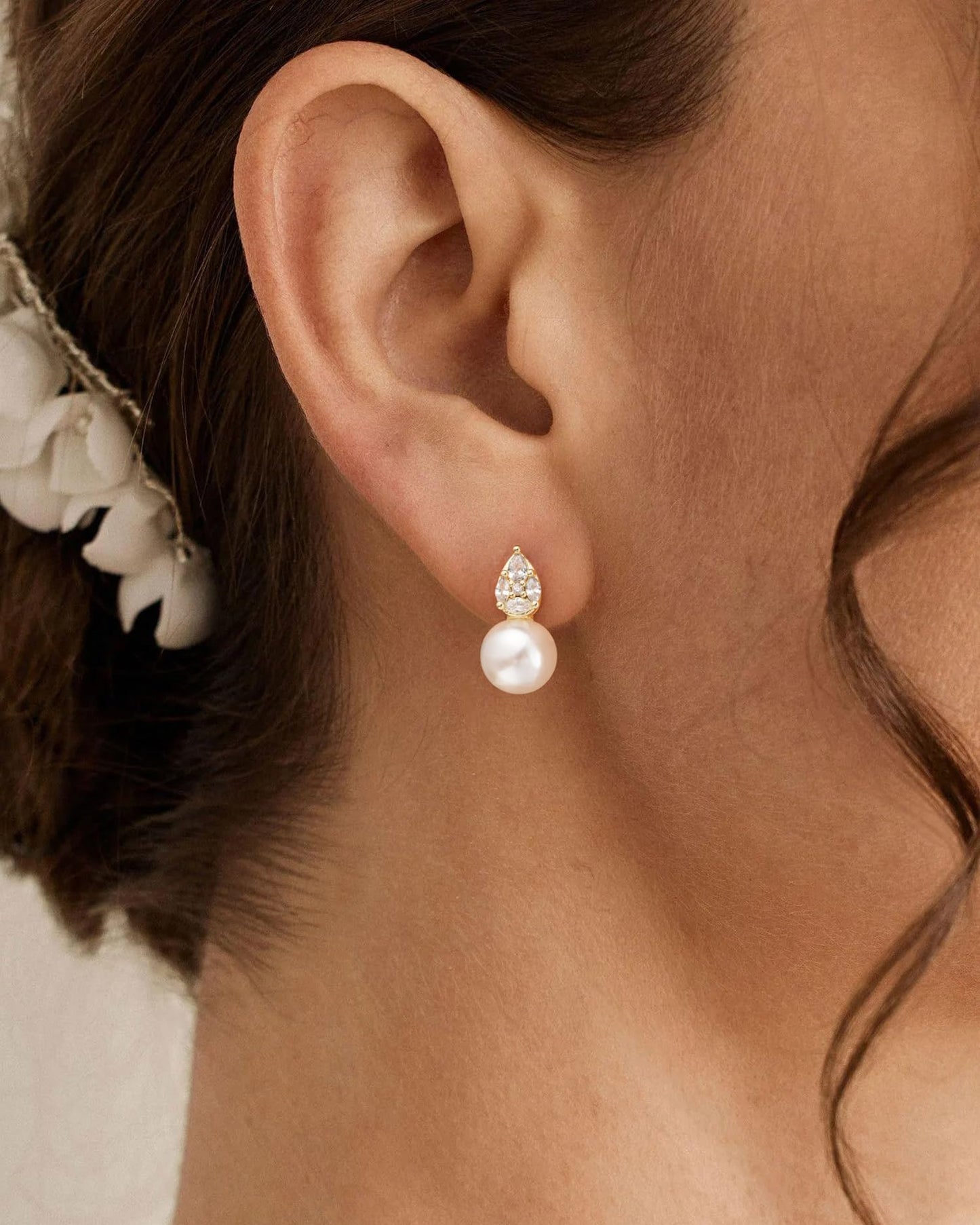 PRTGL Pearl Earrings - 14K Gold Plated Cubic Ziconia Paved Pearl Wedding Earrings for Bridal Bridesmaid