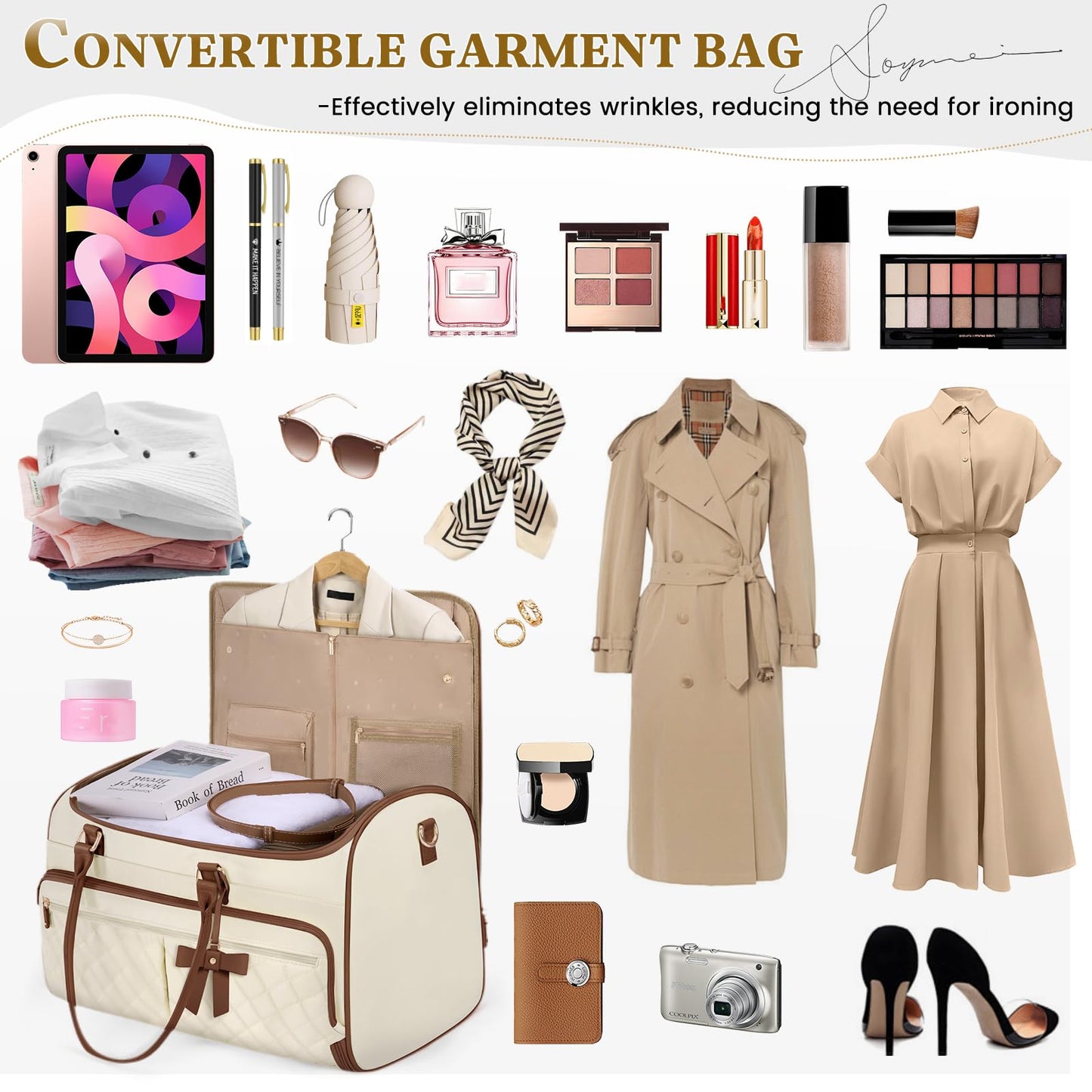 RAINSMORE Garment Bags for Travel Women Convertible Garment Duffle Bag for Hanging Clothes, Large Carry On Garment Bag with Shoe Bag & Wet Pocket, Foldable Dress Suit Business Travel Weekender Bags