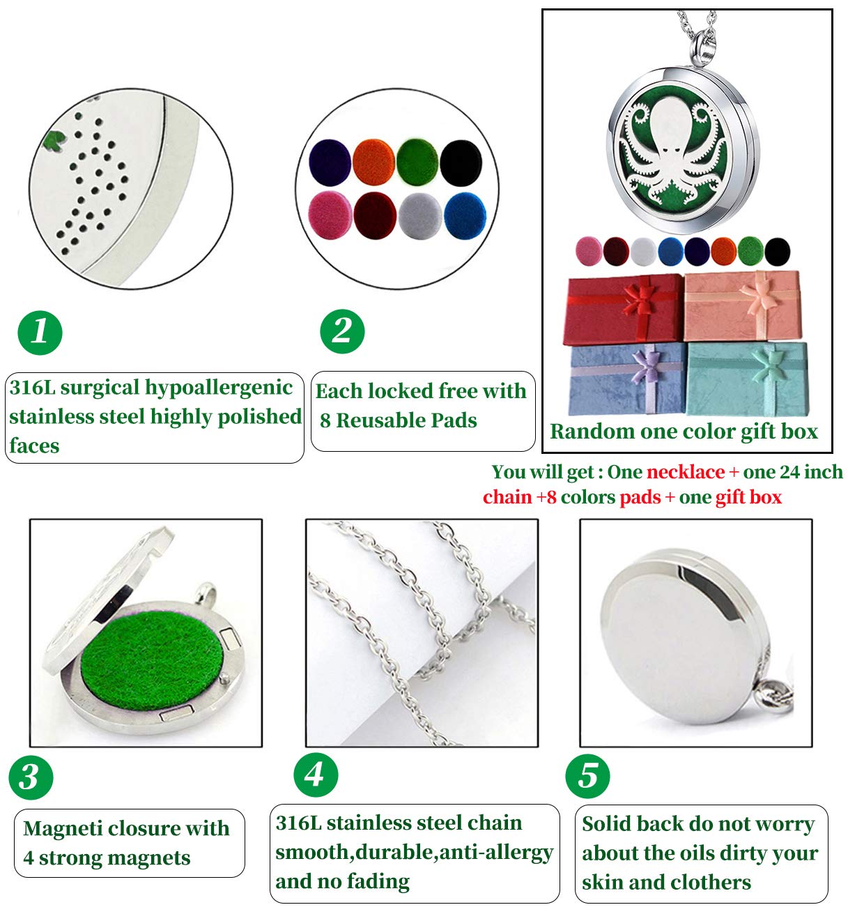 Popeoiuh Essential Oil Diffuser Necklace Stainless Steel Aromatherapy Octopus Animal Locket Pendant with 24" Chain & 8 Pads - Birthday Christmas Perfume Jewelry Gift for Women Men