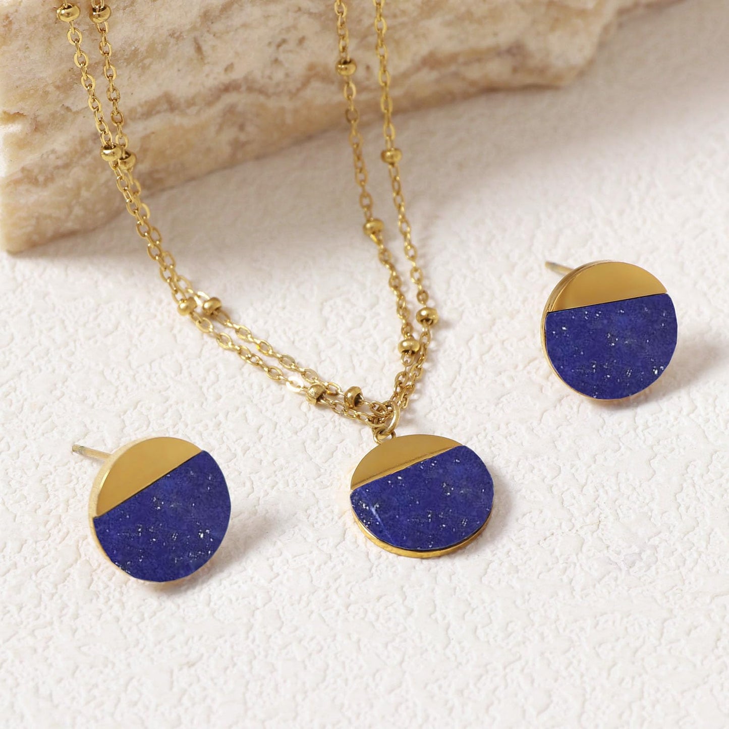 TaYolnFaSo Natural Lapis Lazuli Jewelry Set for Women 18K Gold Plated Lapis Lazuli Stud Earrings Double Chain Necklace Set Dainty Jewelry Gift